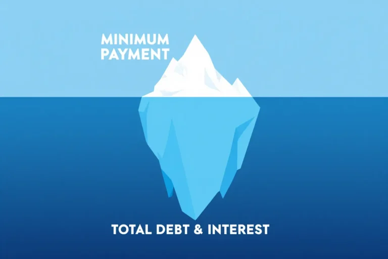 An iceberg infographic explaining the true cost of credit card debt, where the small, visible tip is labeled "MINIMUM PAYMENTS" and the massive hidden bulk below is labeled "TOTAL DEBT & INTEREST."