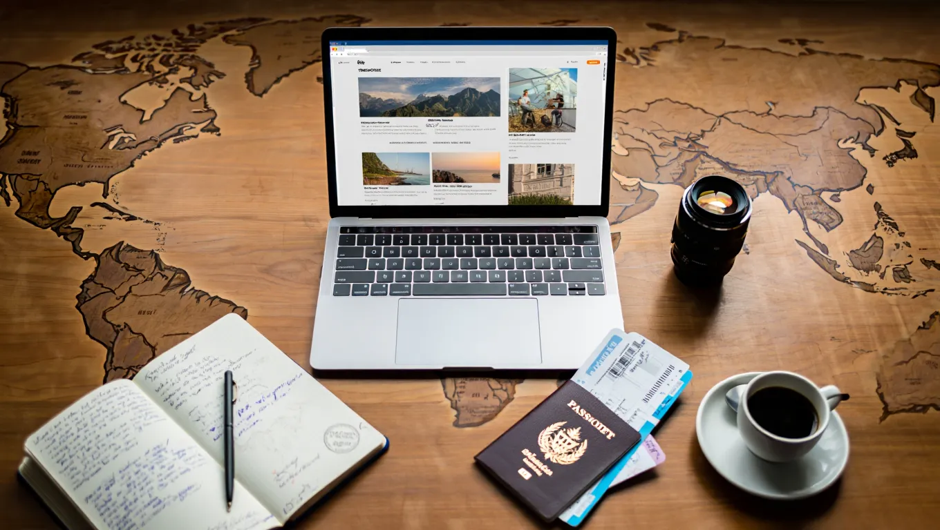 Flat lay of a travel blogger’s workspace with laptop, world map, passport, and coffee cup, symbolizing favorite travel blogs and inspiration.