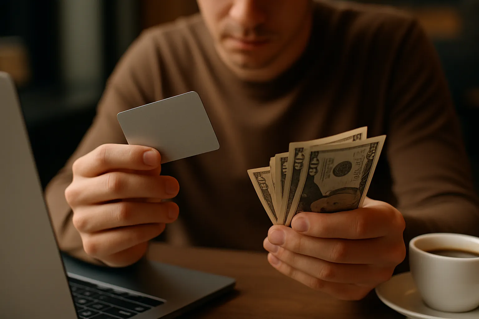 A close-up of a person seated at a wooden table, holding a metallic credit card in one hand and several U.S. dollar bills in the other. A laptop and a white coffee cup are blurred in the background, creating a warm, thoughtful atmosphere.