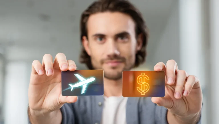 A confident person holds up two glowing digital credit cards, presenting the choice between Credit Card Rewards: one card shows an airplane icon for travel points, the other a dollar sign icon for cash back.