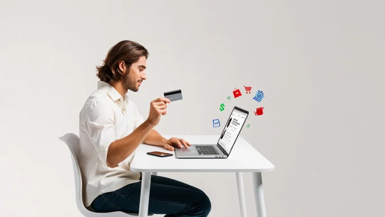 Man sitting at a desk using a credit card to shop online on his laptop, with digital icons of shopping, discounts, and rewards floating around