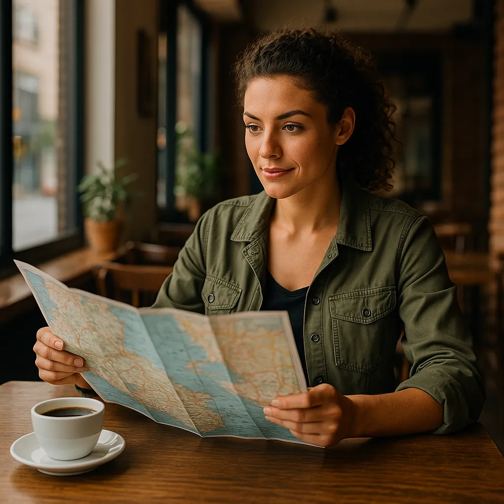 A solo traveler sitting in a cafe, confidently looking at a map while enjoying a coffee.