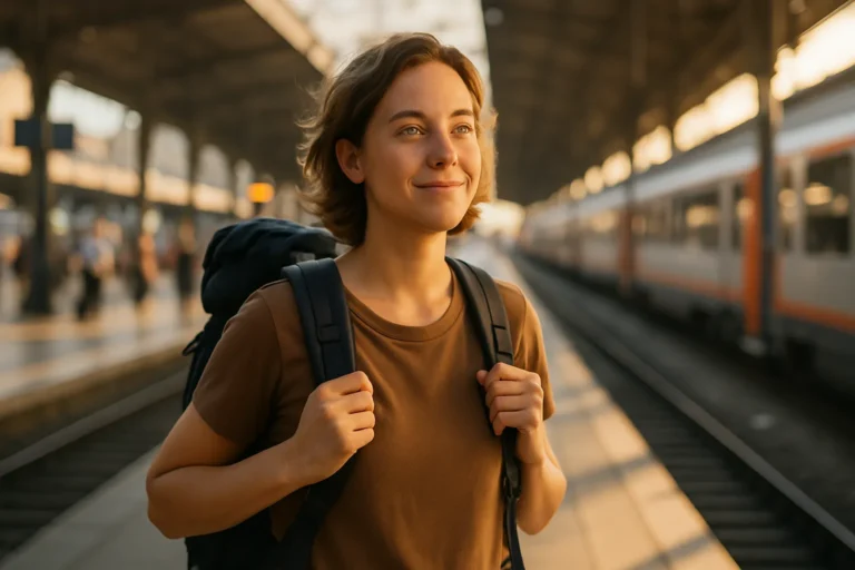 A young solo traveler with a backpack stands confidently on a sunlit platform at a busy European train station, smiling slightly while looking towards the train tracks, with blurred trains and passengers in the background.
