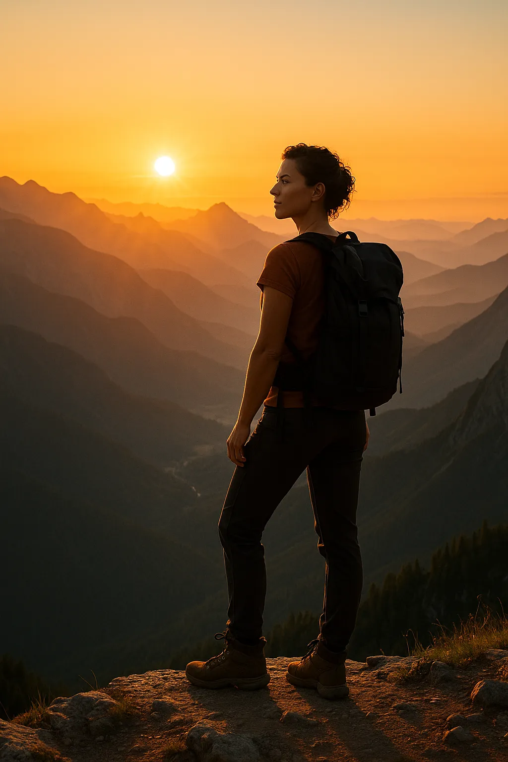 A solo traveler stands on a viewpoint overlooking a vast mountain range at sunrise, looking confident and empowered.
