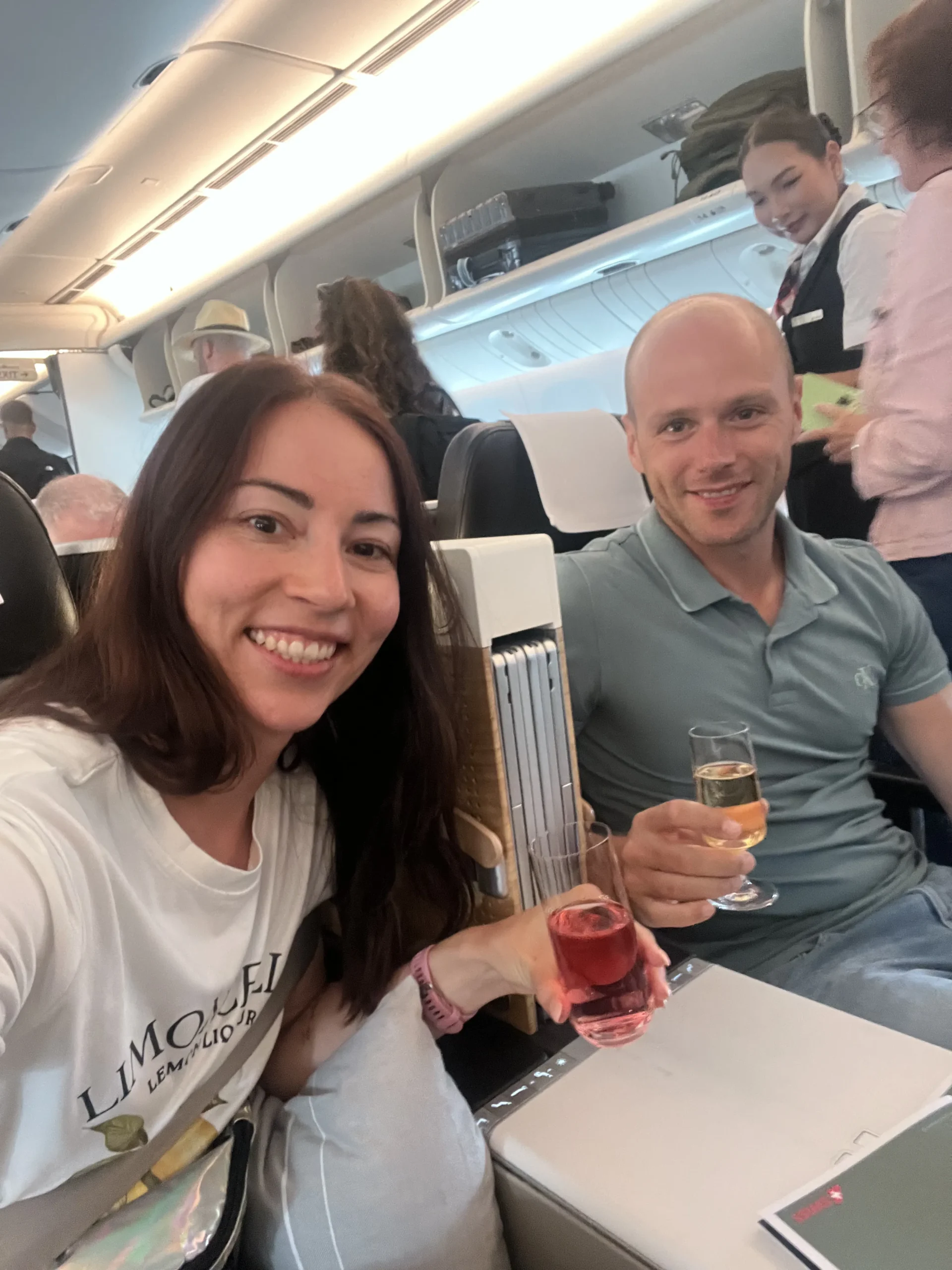 The clean and modern cabin of a Swiss Business Class flight.