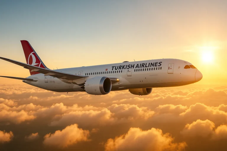 Turkish Airlines Boeing 787 Dreamliner flying above golden sunset clouds, side profile with red tail logo clearly visible.