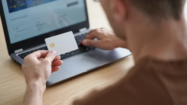 A person holding a credit card while booking a flight on a laptop.