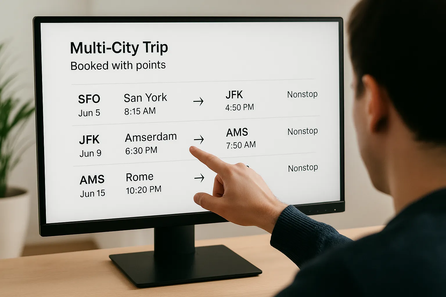 A person pointing at a complex flight itinerary on a computer screen, showing a multi-city trip booked with points.