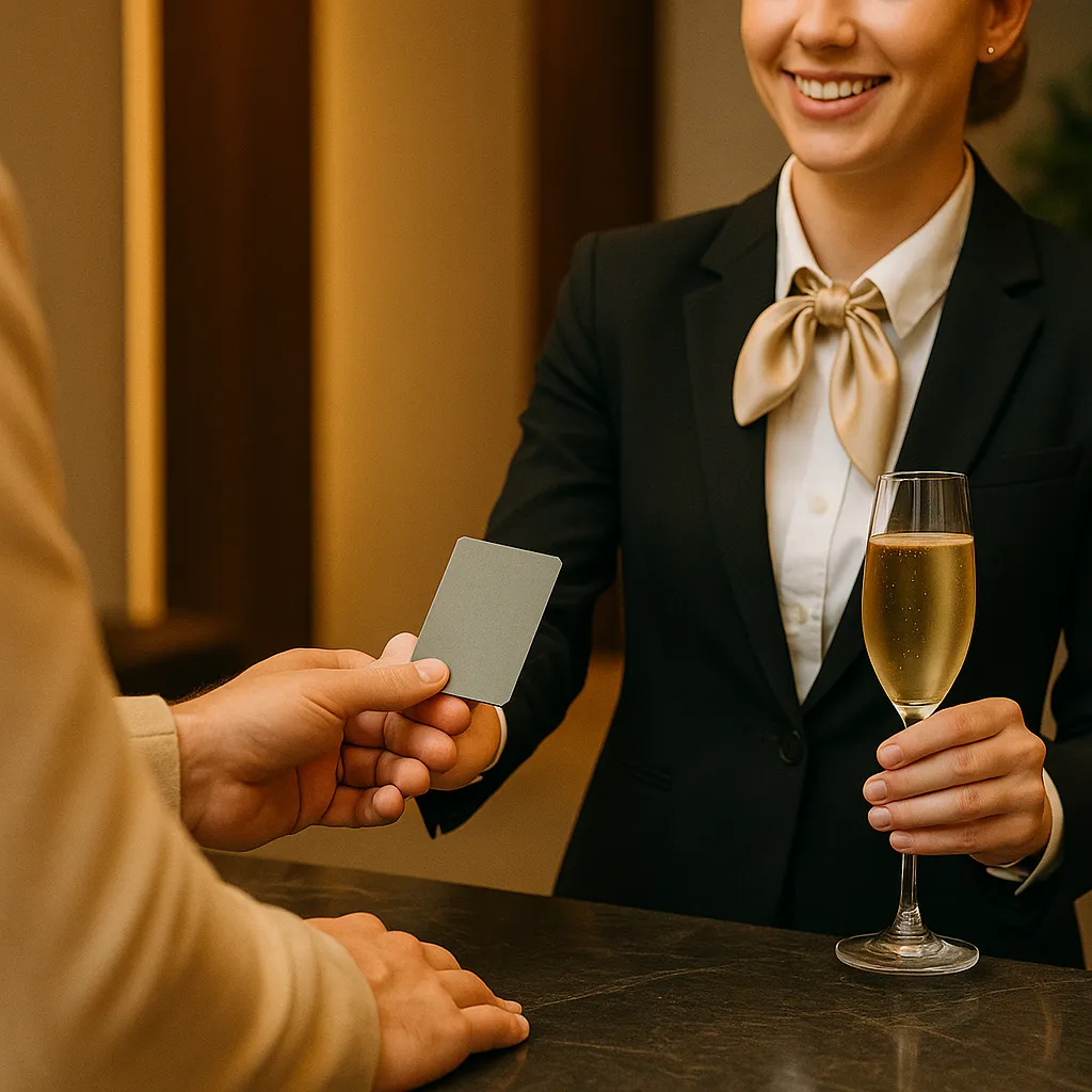 A person receiving a room key and a welcome drink at a luxury hotel check-in desk, illustrating elite status benefits.