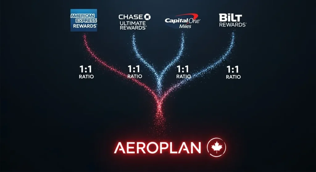 Graphic showing four major credit card rewards programs — American Express Membership Rewards, Chase Ultimate Rewards, Capital One Miles, and Bilt Rewards — each transferring points to Air Canada Aeroplan at a 1:1 ratio. Glowing particle trails in blue and red converge toward the Aeroplan logo with a maple leaf icon.