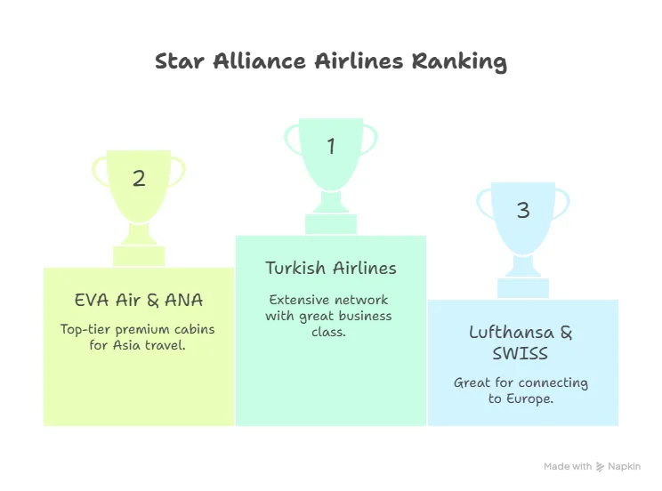 Infographic ranking Star Alliance airlines. In first place is Turkish Airlines, noted for its extensive network and great business class. Second place goes to EVA Air and ANA, recognized for top-tier premium cabins for Asia travel. Third place is Lufthansa and SWISS, highlighted as great for connecting to Europe.