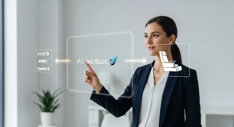A professional woman in a modern office is interacting with a transparent digital interface. She points to the Flying Blue logo in the center, with arrows showing a transfer of points from Chase, Amex, and Capital One on the left toward an airplane seat icon on the right, symbolizing converting credit card points to airline miles for flight rewards.