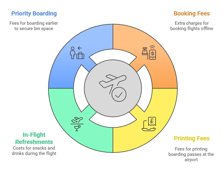 Infographic showing four common airline fees: priority boarding, booking fees, in-flight refreshments, and printing fees, arranged in a circular chart around an airplane icon.