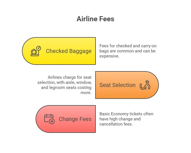 Infographic showing common airline fees, including checked baggage charges, seat selection costs, and change fees.