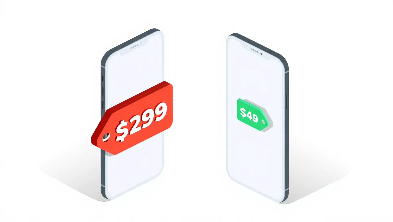 Comparison of airline fuel surcharges on two smartphones: the left phone displays a high $299 red price tag, while the right phone shows a low $49 green price tag.