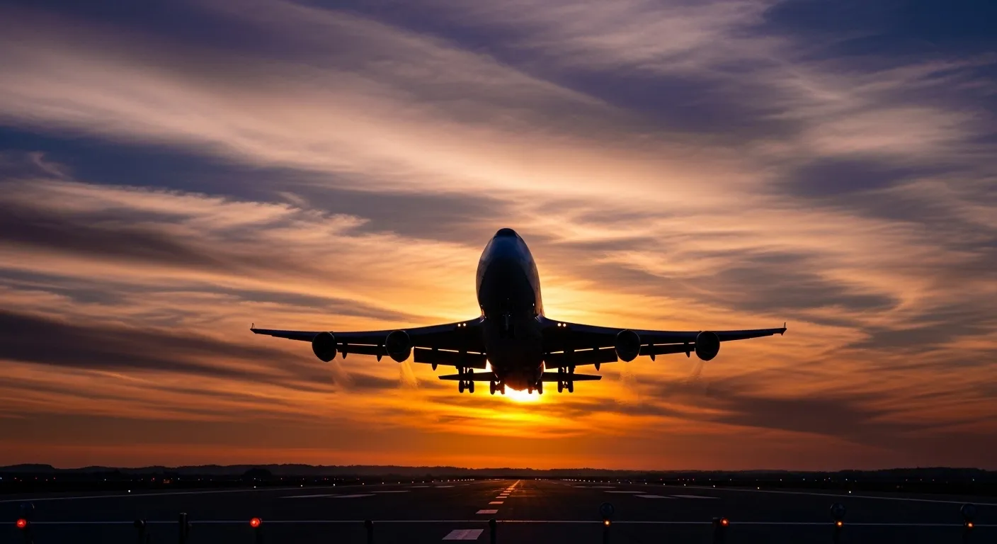 An airplane taking off with a dramatic sky in the background, symbolizing international travel.