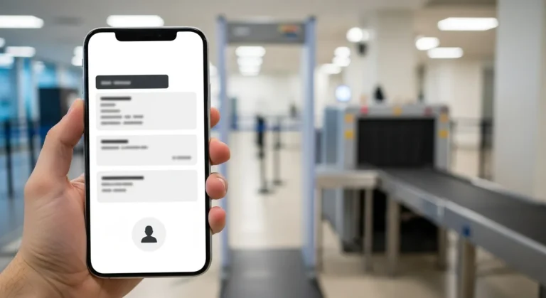 A hand holding a smartphone at an airport security checkpoint, displaying a blurred Apple Digital ID-style card with no readable text, with TSA equipment softly out of focus in the background.
