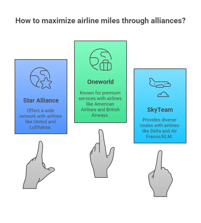 Infographic explaining how to maximize airline miles through alliances, highlighting Star Alliance with airlines like United and Lufthansa, Oneworld with American Airlines and British Airways, and SkyTeam with Delta and Air France/KLM, accompanied by pointing hand icons.