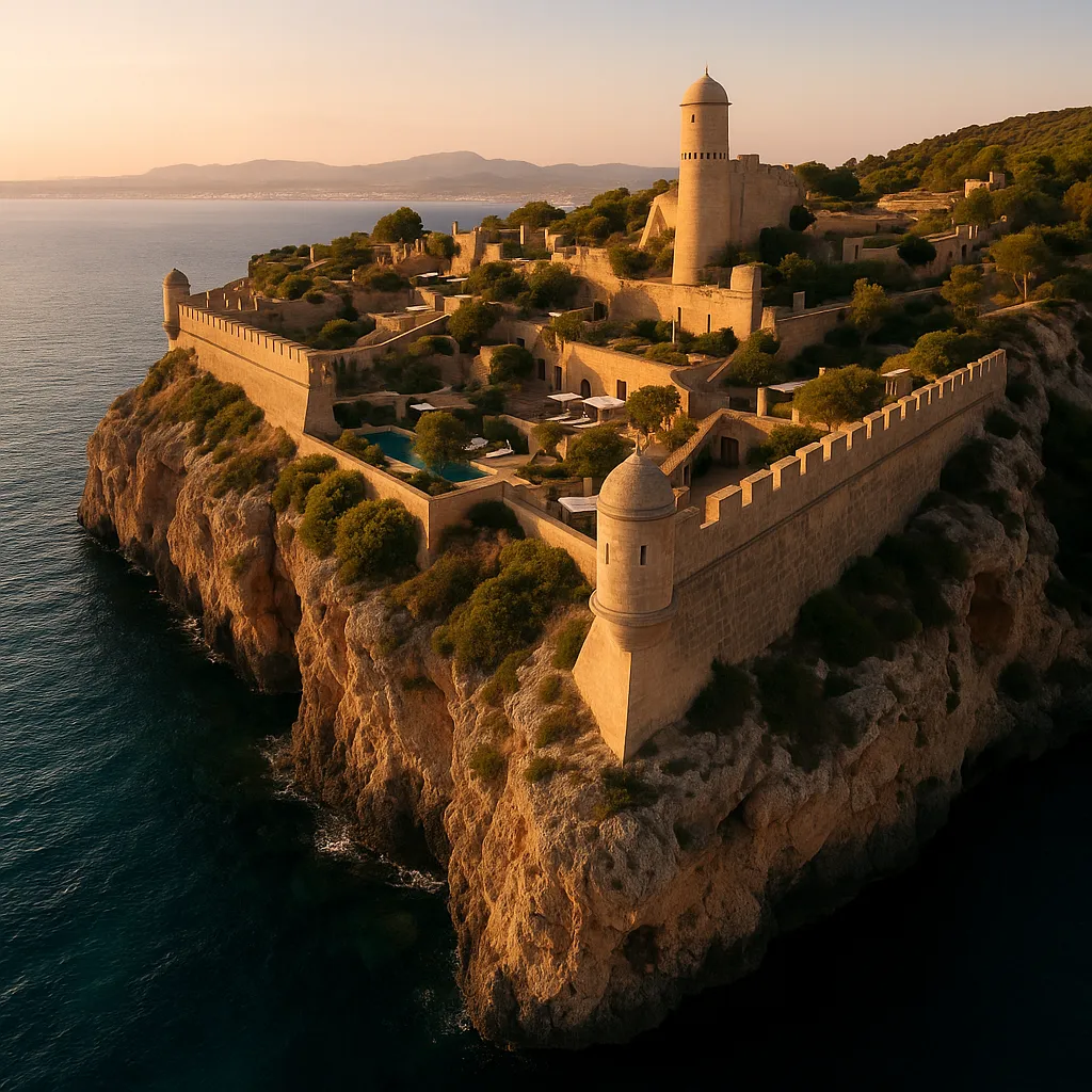 Aerial view of Cap Rocat in Mallorca at sunset, showing the historic cliffside fortress with stone walls, terraces, and Mediterranean Sea below.