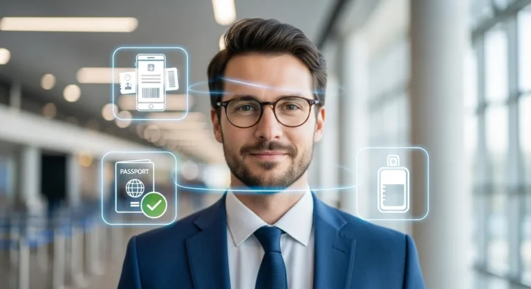 Business traveler standing in an airport corridor, surrounded by digital icons for a mobile boarding pass, verified passport, and liquid allowance, visually highlighting Common Airport Mistakes travelers should avoid.