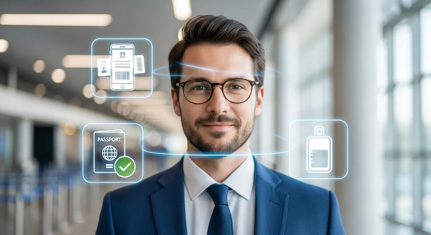 Business traveler standing in an airport corridor, surrounded by digital icons for a mobile boarding pass, verified passport, and liquid allowance, visually highlighting Common Airport Mistakes travelers should avoid.