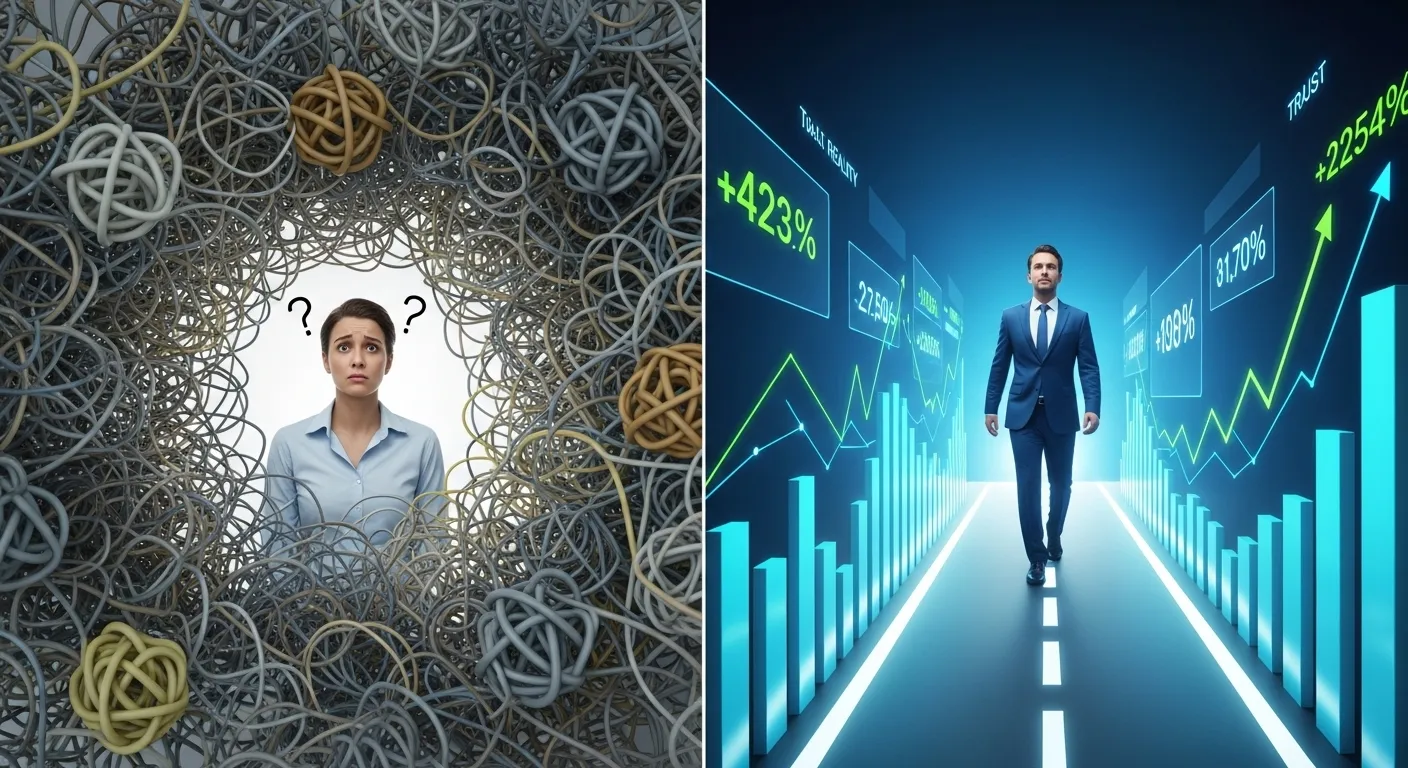 A split image showing "Myths vs Reality" of credit limit increases. On the left, a confused person is surrounded by tangled grey wires and question marks, symbolizing myths. On the right, a confident businessman walks on a clear path lined with blue financial graphs and rising green percentages, representing data-driven reality and trust.