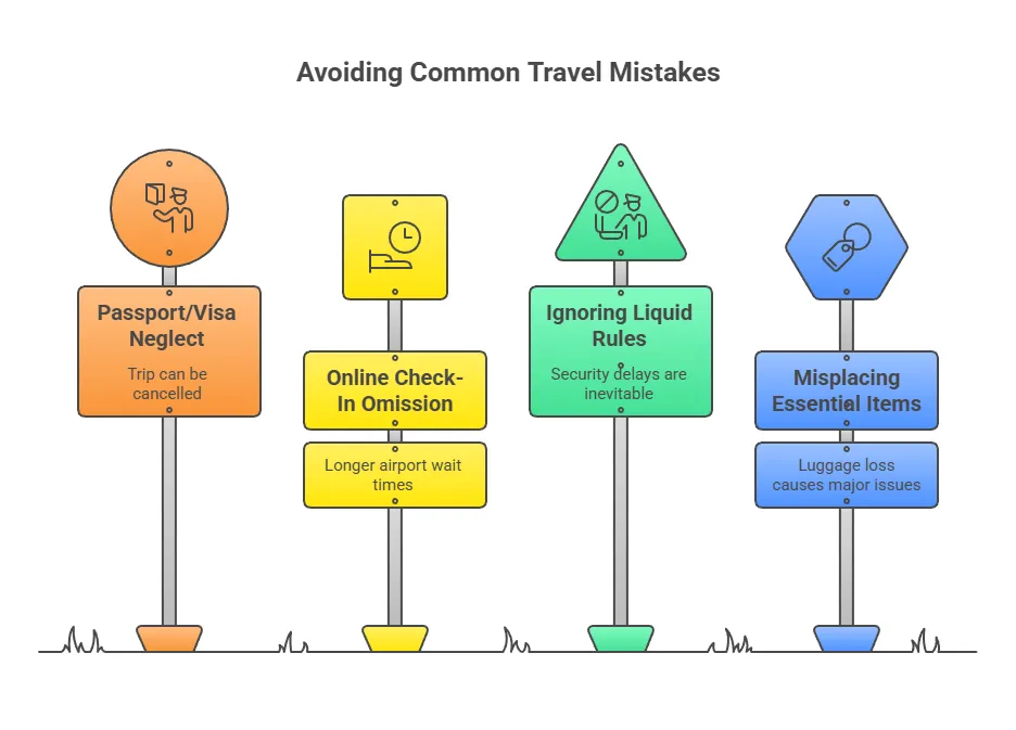 Illustration titled “Avoiding Common Travel Mistakes,” showing four colorful road-sign-style icons highlighting issues: forgetting passport/visa, skipping online check-in, ignoring liquid rules at security, and misplacing essential items.