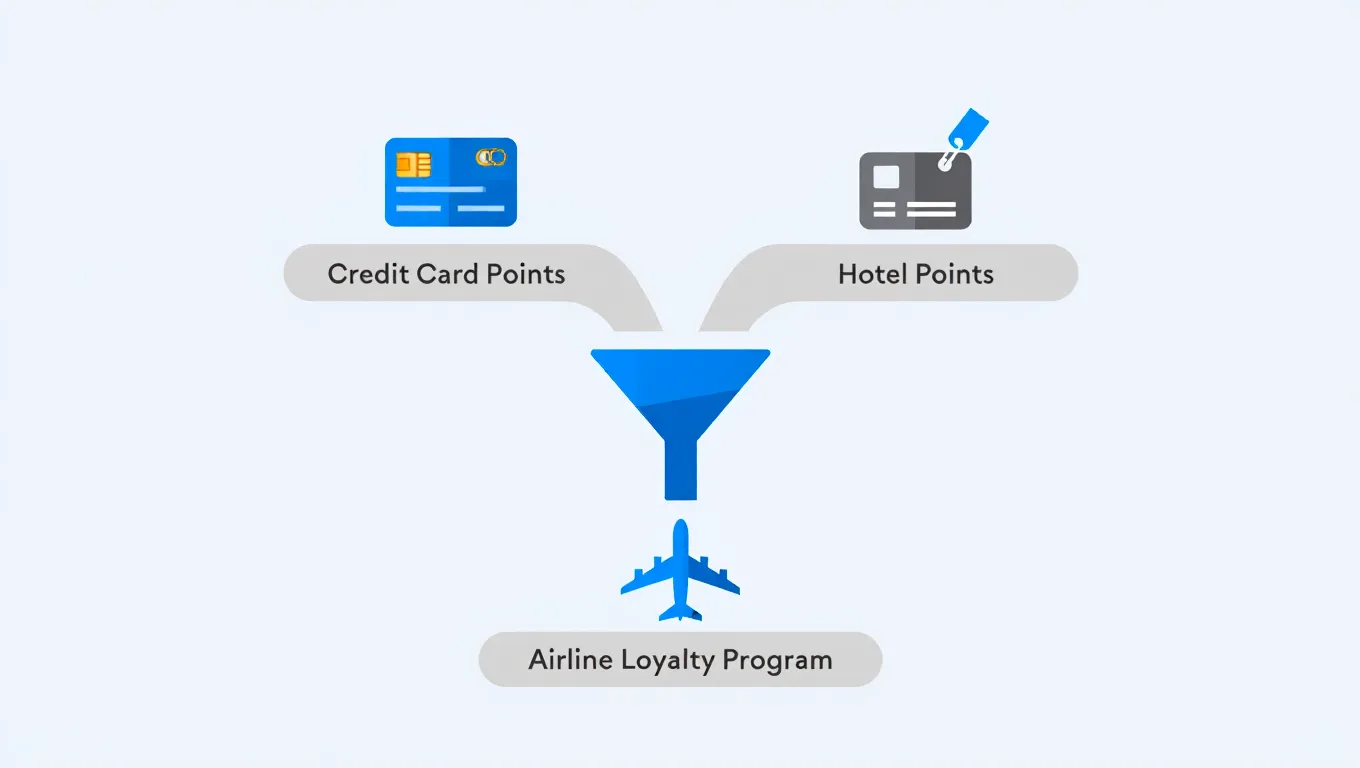 Infographic showing credit card points and hotel points flowing into a funnel that leads to an airline loyalty program for earning and redeeming miles.