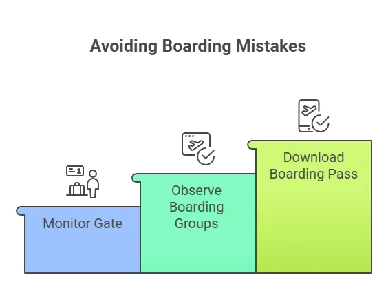 Infographic titled “Avoiding Boarding Mistakes,” showing three steps: monitoring the gate, observing boarding groups, and downloading the boarding pass ahead of time.