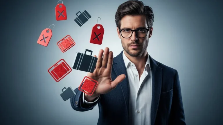Man holding up his hand to stop Hidden Airline Fees, with floating icons of luggage and red warning symbols around him.