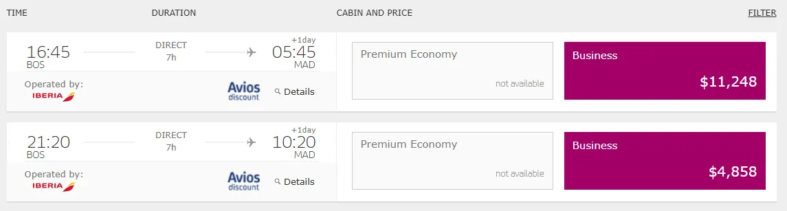 Screenshot of Iberia flight search results showing one-way Business Class cash fares from Boston to Madrid pricing between $4,858 and $11,248.