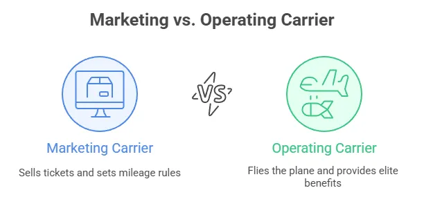 An infographic comparing Marketing Carrier vs. Operating Carrier. It defines the Marketing Carrier as the airline that "Sells tickets and sets mileage rules," while the Operating Carrier is defined as the airline that "Flies the plane and provides elite benefits."