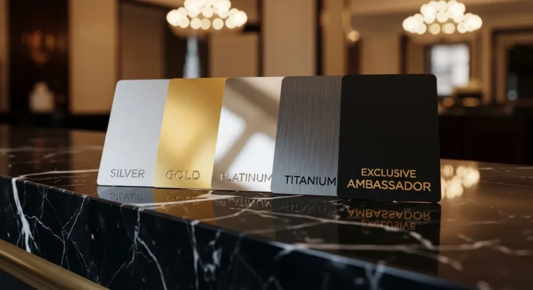 Five metallic hotel key cards arranged on a black marble concierge desk representing the Marriott Bonvoy status tiers: Silver, Gold, Platinum, Titanium, and Ambassador Elite.