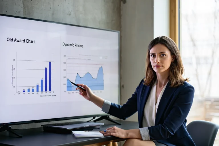 An analytical travel expert explains the shift in the Lufthansa Miles & More program from a fixed award chart to unpredictable dynamic pricing, illustrated by a comparison graph on a screen behind her.