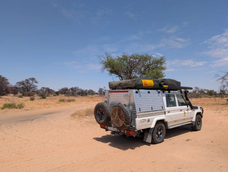 Bushlore Land Cruiser with rooftop tent driving through sandy terrain and sparse trees in Kgalagadi Transfrontier Park on the way to Nossob Rest Camp.