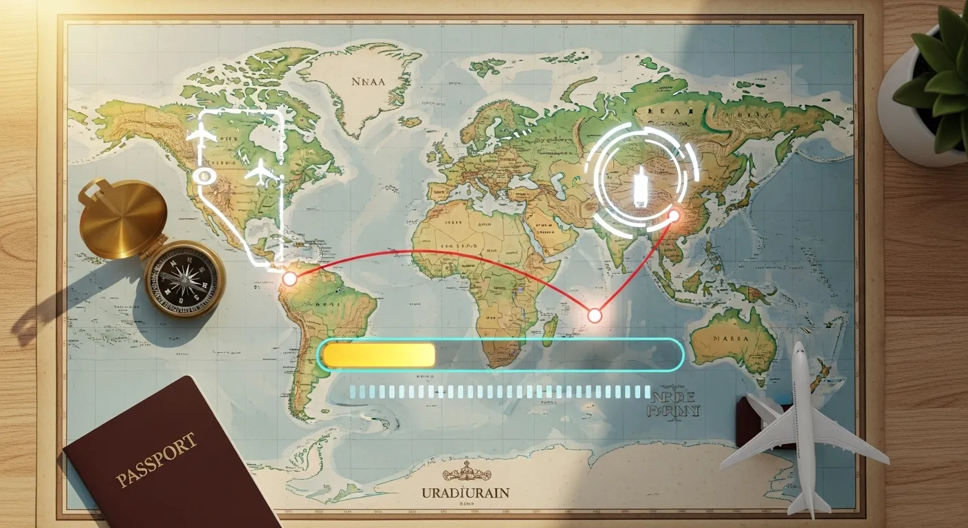 World map on a table with a flight route drawn across continents, a passport, compass, and toy airplane placed around it, symbolizing global travel planning with Pointalize Tools.