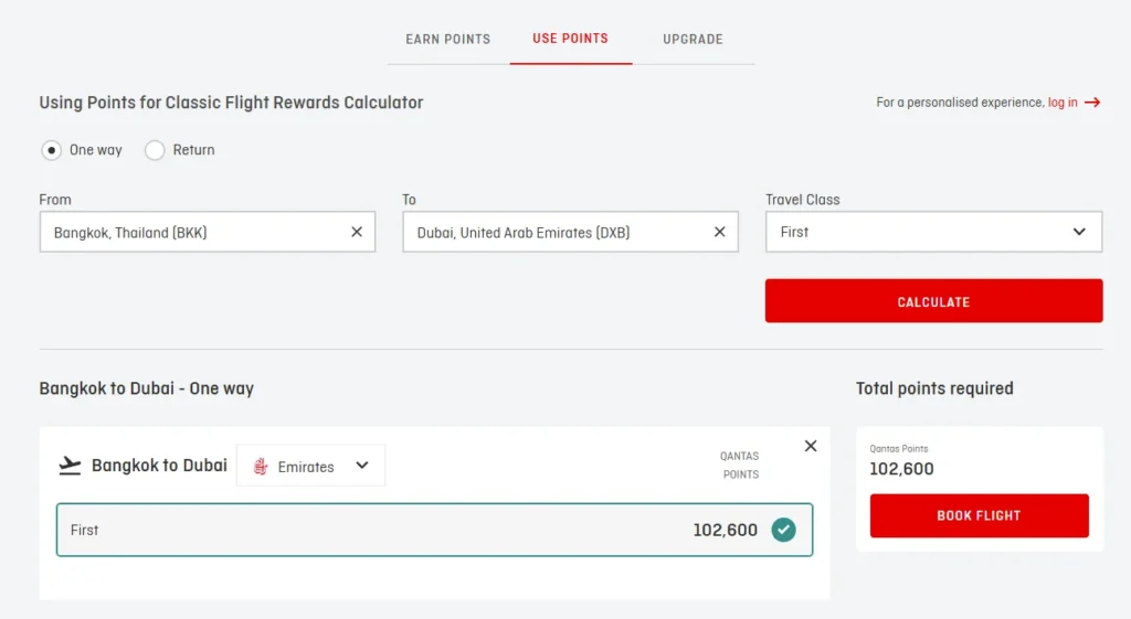 Emirates First Class calculation with miles from BKK to DXB