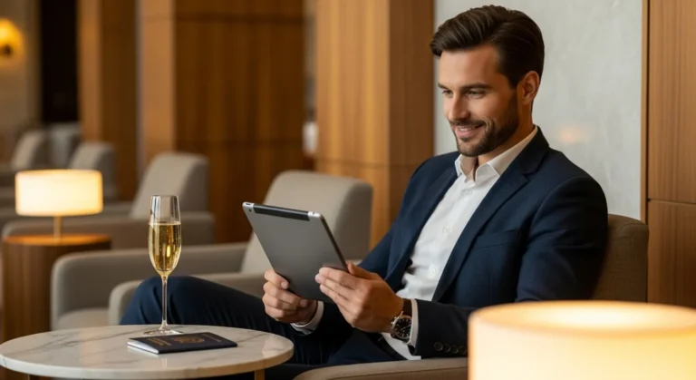 Man in a business lounge reading a tablet, seated with a glass of champagne and a passport on the table looking for Airline Real Sweet Spots.
