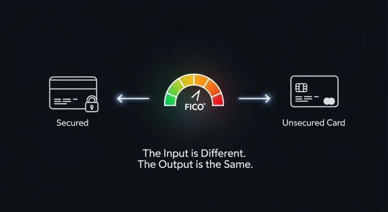 Visual comparison of Secured vs Unsecured Credit Cards showing that both build FICO credit score — the input differs, but the output is the same.
