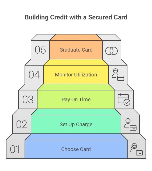 Five-step staircase graphic showing how to build credit with a secured card: 1. Choose Card, 2. Set Up Charge, 3. Pay On Time, 4. Monitor Utilization, 5. Graduate Card.