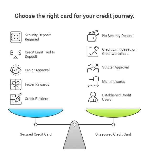 Comparison chart of Secured vs Unsecured Credit Cards showing differences in deposit, approval, rewards, and target users — secured cards suit credit builders, unsecured cards reward established users.