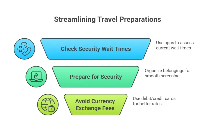 Infographic titled “Streamlining Travel Preparations,” showing three steps: checking security wait times, preparing belongings for security screening, and avoiding currency exchange fees by using debit or credit cards.