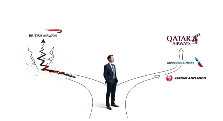 A traveler chooses the clear, stable path using Avios with Dynamic Pricing to partner airlines over the difficult, volatile path to British Airways.