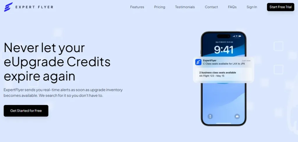 Overview of the expertflyer homepage