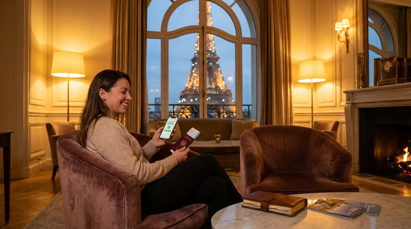 Traveler using smartphone to book First Trip with Points near Eiffel Tower.
