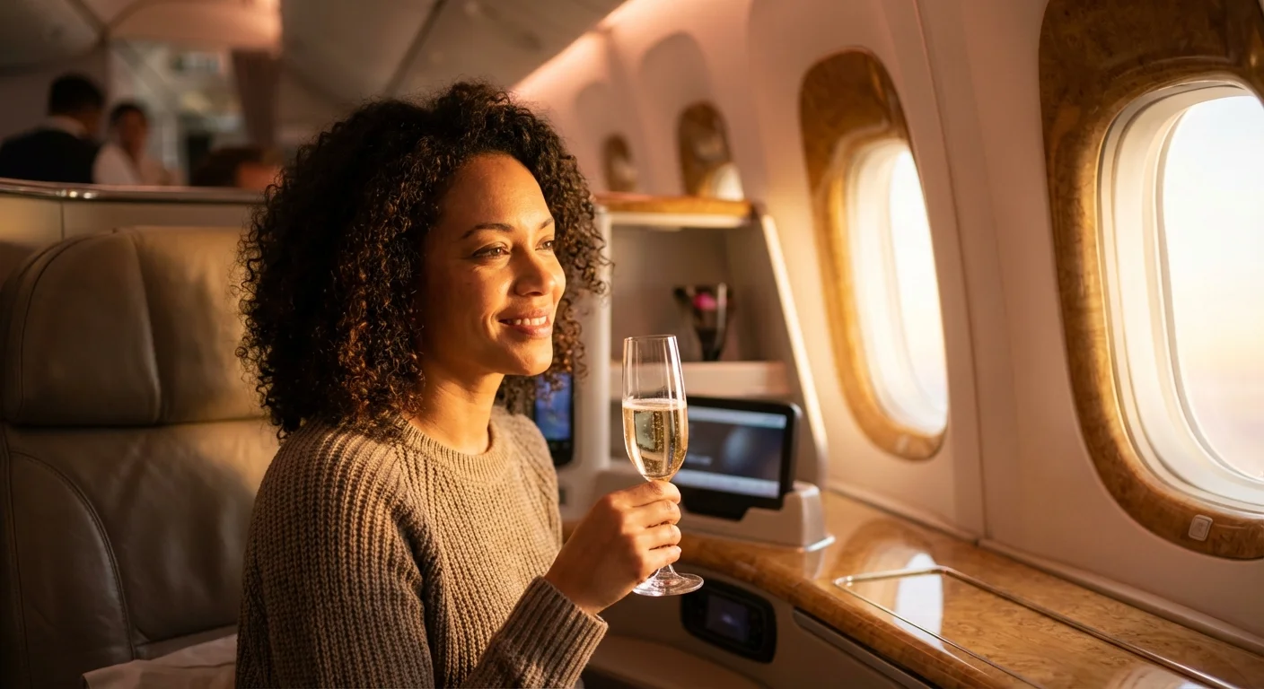 Woman relaxing in Iberia Business Class suite holding champagne during sunset flight