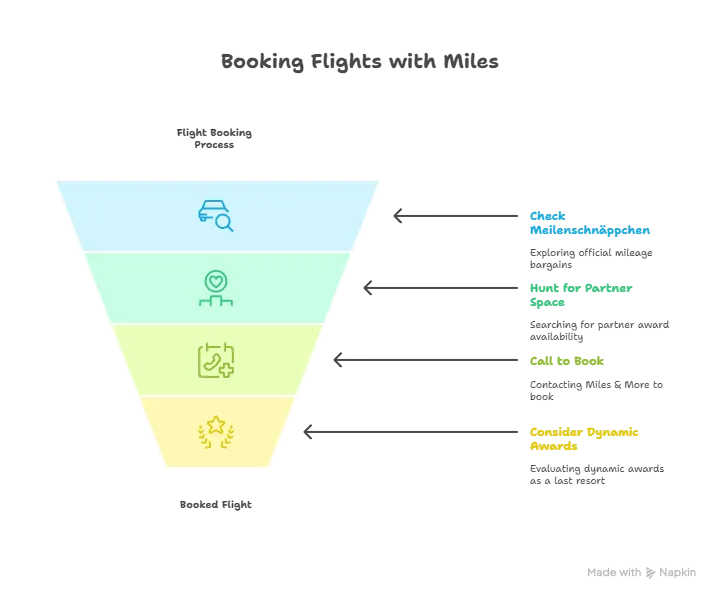 Booking flights with miles funnel showing steps: Check Meilenschäppchen, Hunt for Partner Space, Call to Book, and Consider Dynamic Awards.