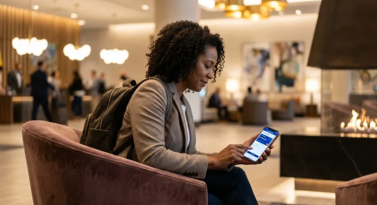Traveler checking Lufthansa Miles & More status match and Marriott Gold benefits on smartphone in a luxury hotel lobby.