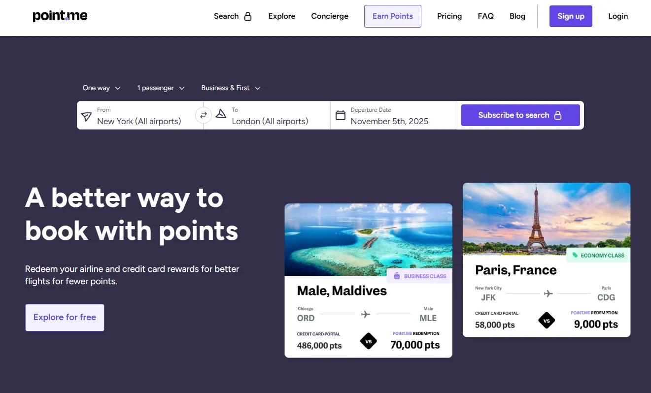 Overview of the point.me homepage