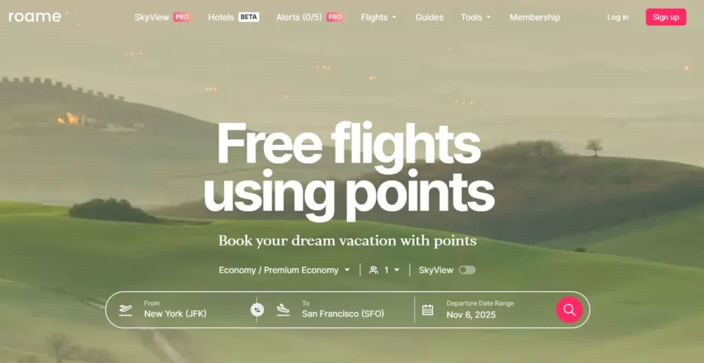 Overview of the roame.travel homepage